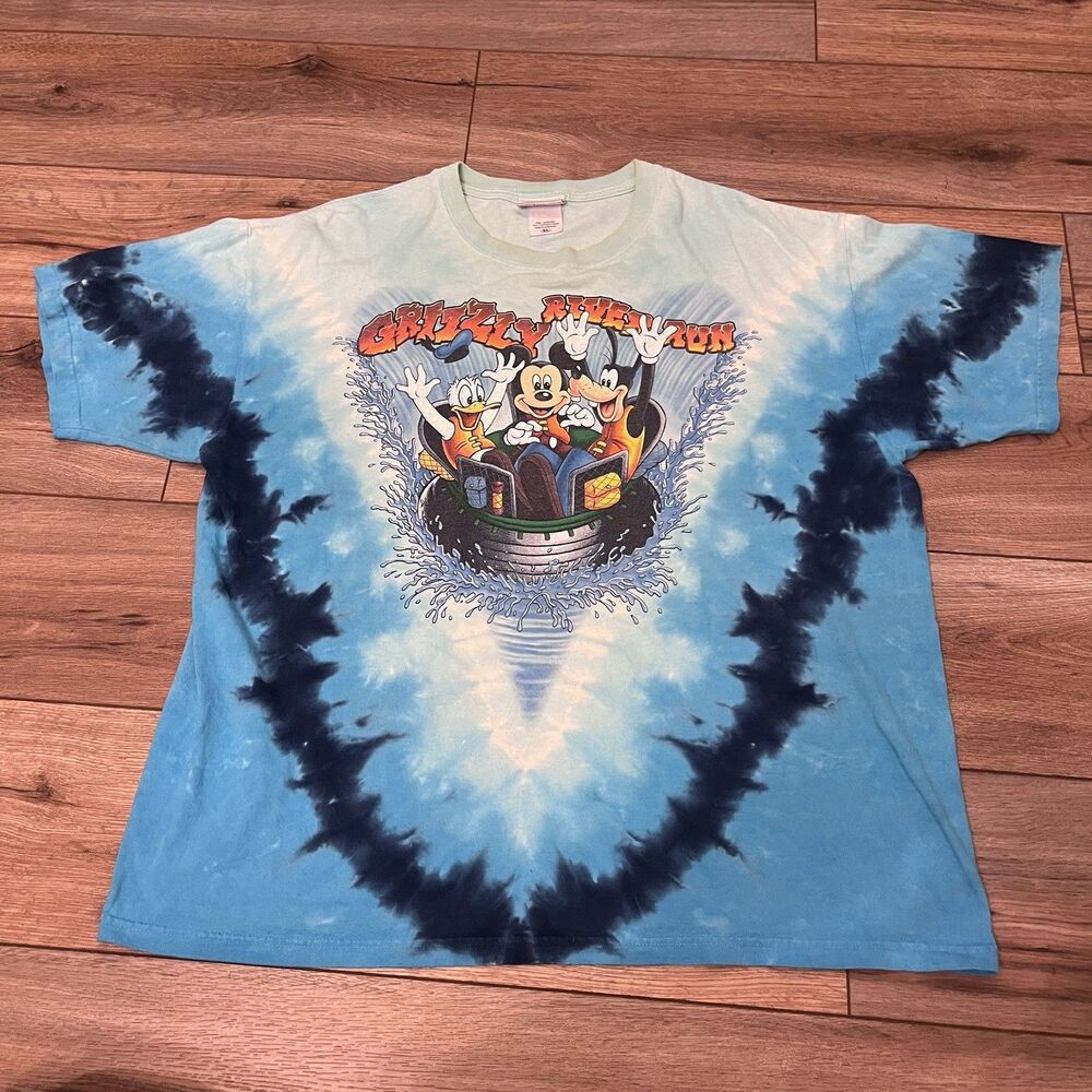 Vintage Disneyland Resort Grizzly River Run Blue Tie-Dye T-Shirt Mickey Goofy XL